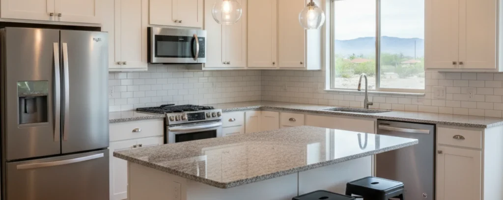 Kitchen with white cabinets, granite island with three black stools, stainless steel appliances, and window with mountain view